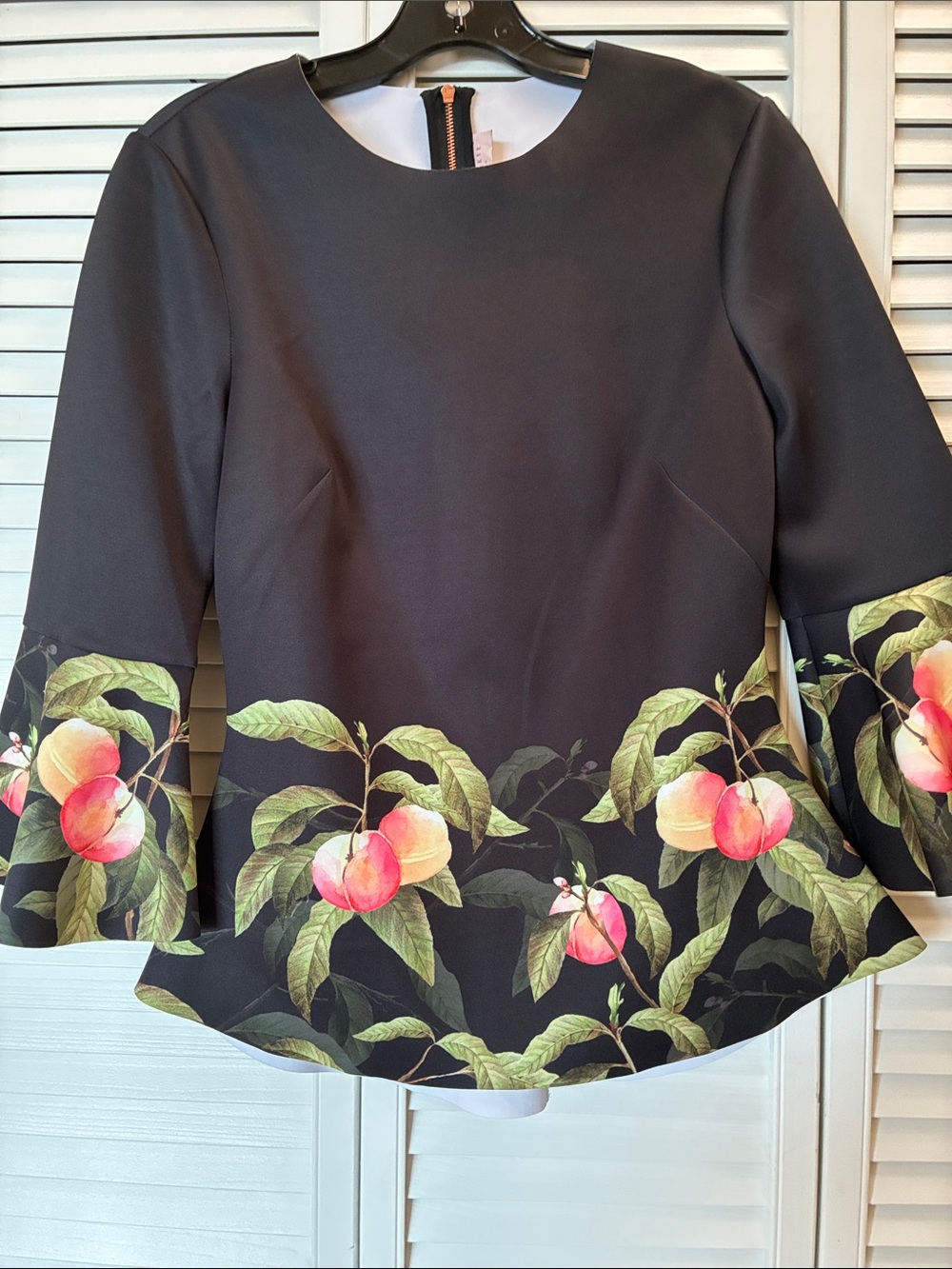 Ted Baker Black Peplum Top with Pink Peach & Green Botanical Print